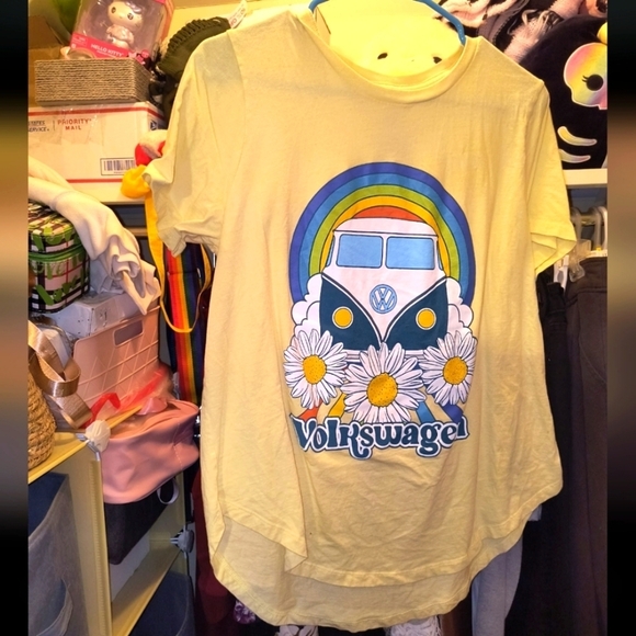 Women's Yellow Short Sleeve Tee Vintage Van Vanagon Volkswagen Rainbow Flowers